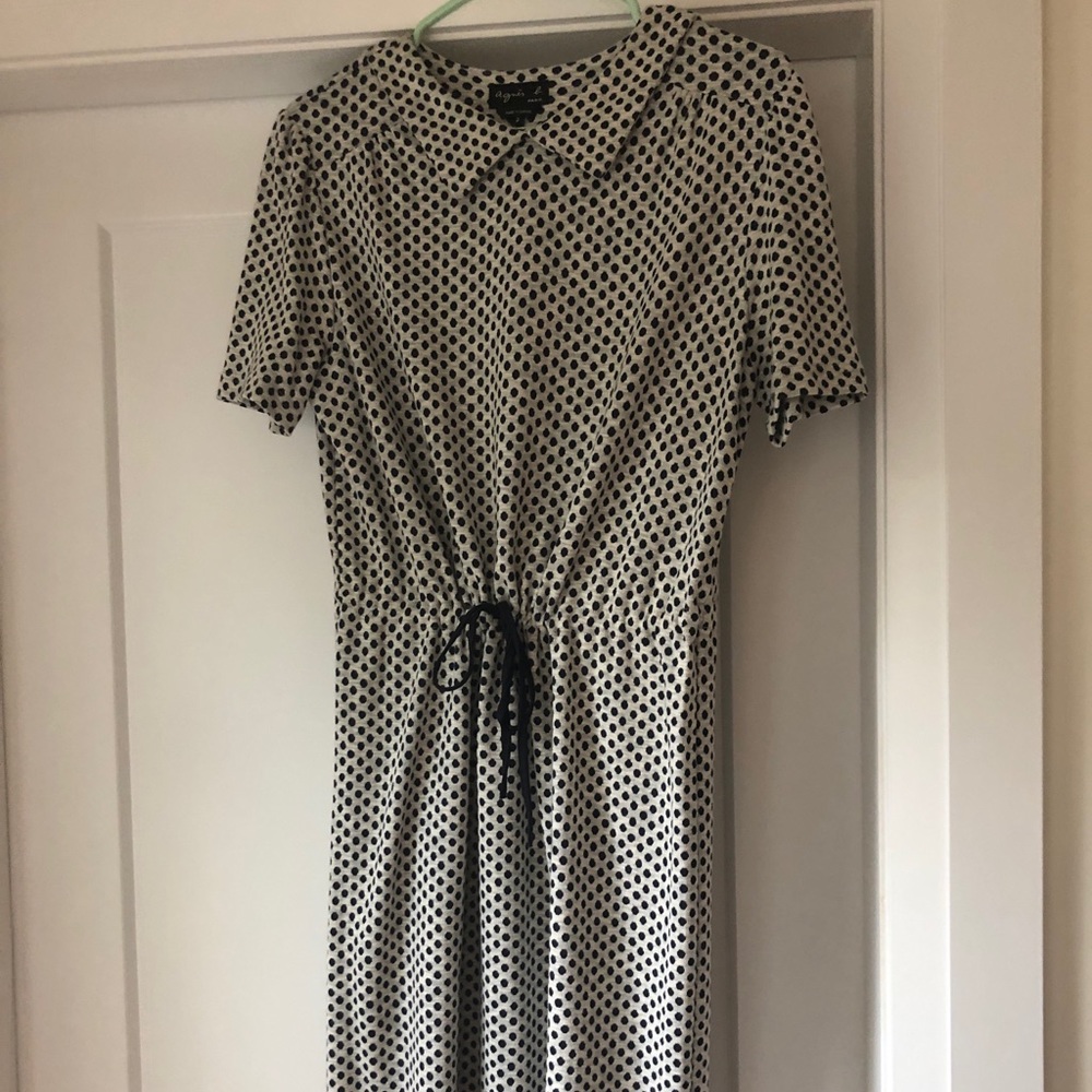 Agnes B polka dot jersey drawstring dress